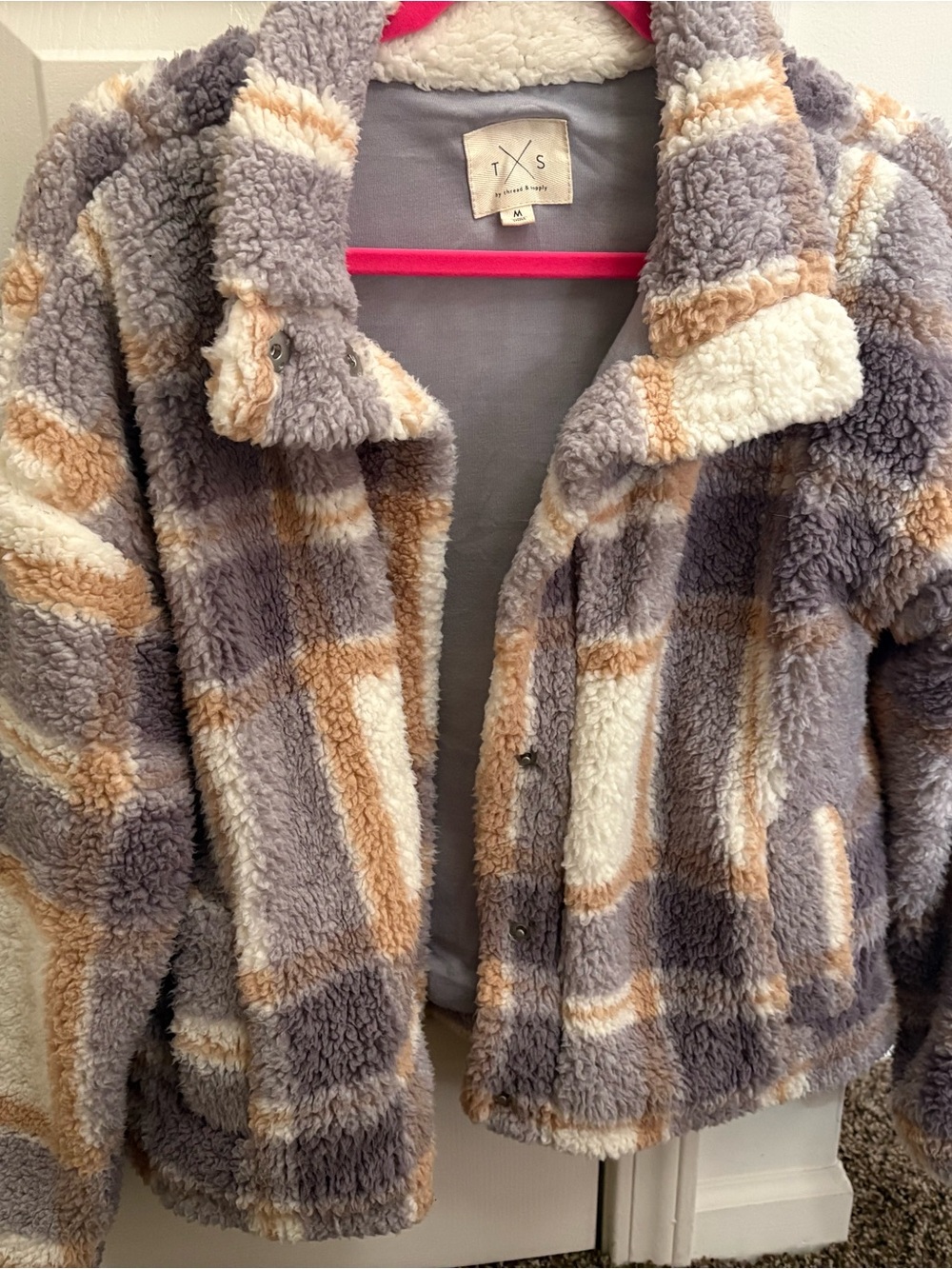 T&X Plush Plaid Sherpa Jacket in Gray, Cream & Tan
